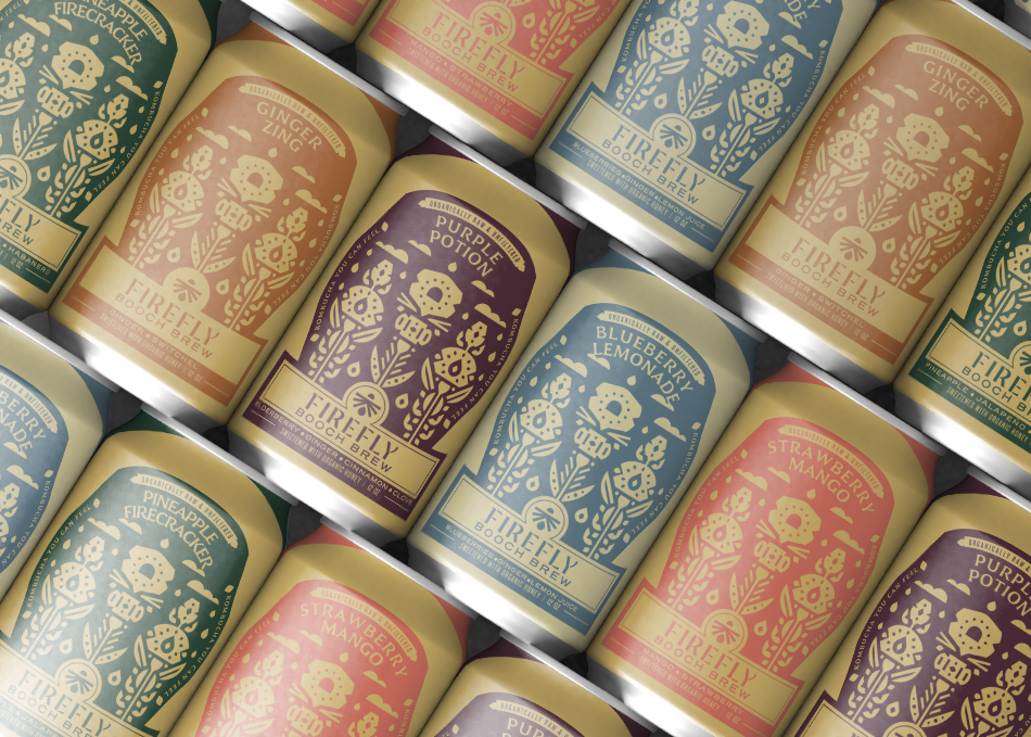 Assorted Firefly Brew kombucha cans featuring various flavors
