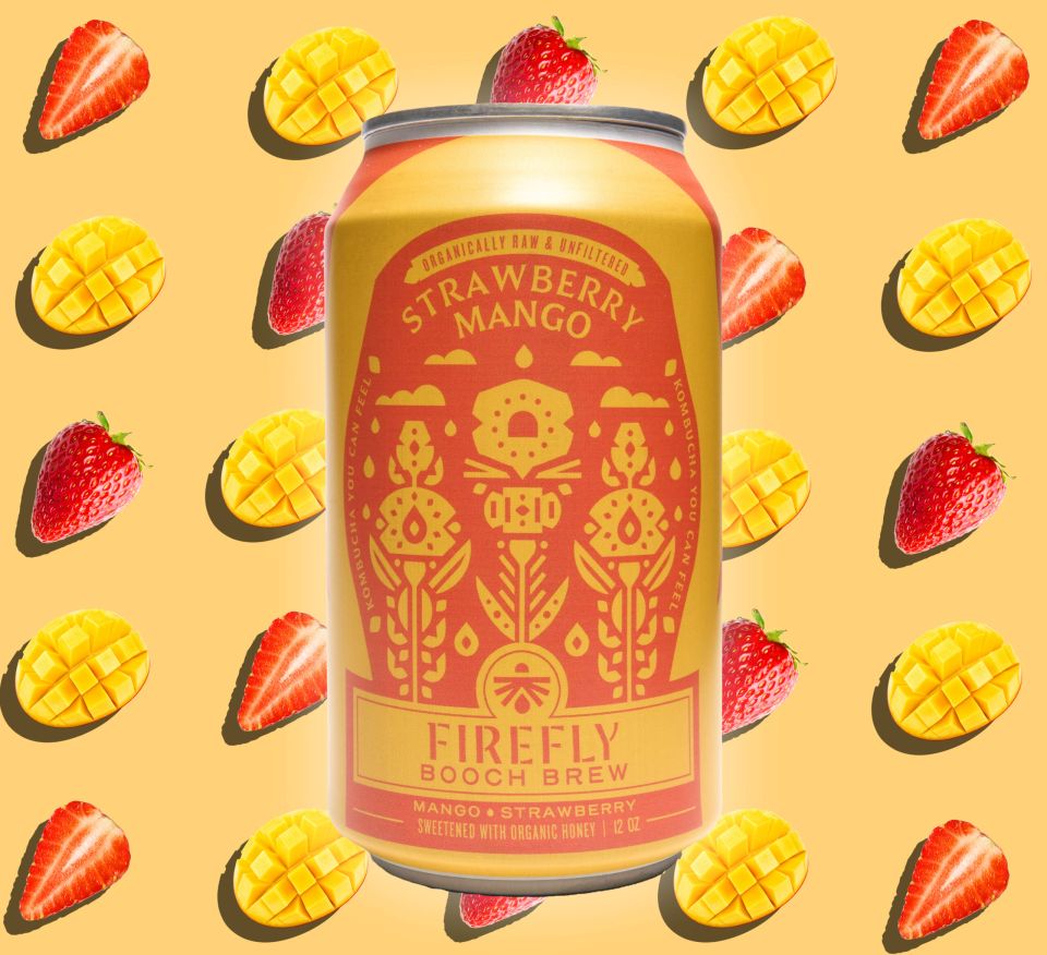 Firefly Brew strawberry mango kombucha can with fruit background