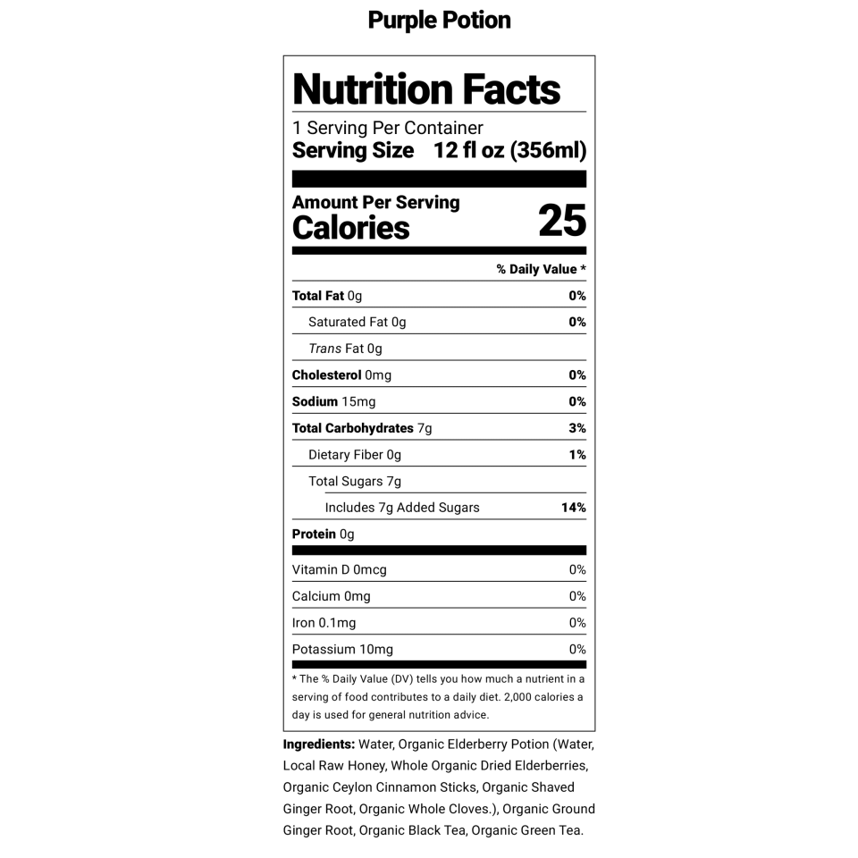 Nutrition facts for Firefly Brew's Purple Potion kombucha