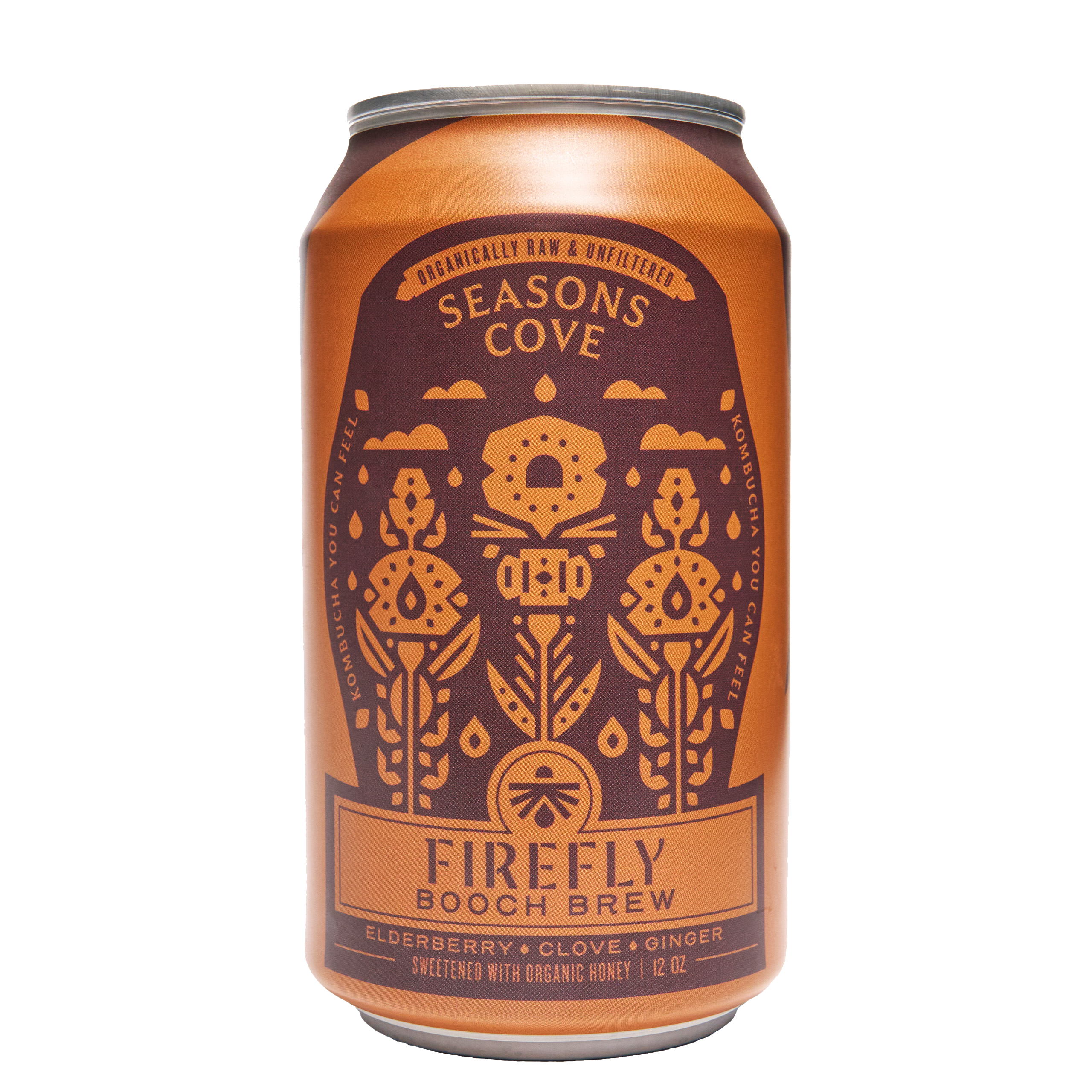 Firefly Brew Seasons Cove kombucha can featuring elderberry, clove, and ginger flavors.