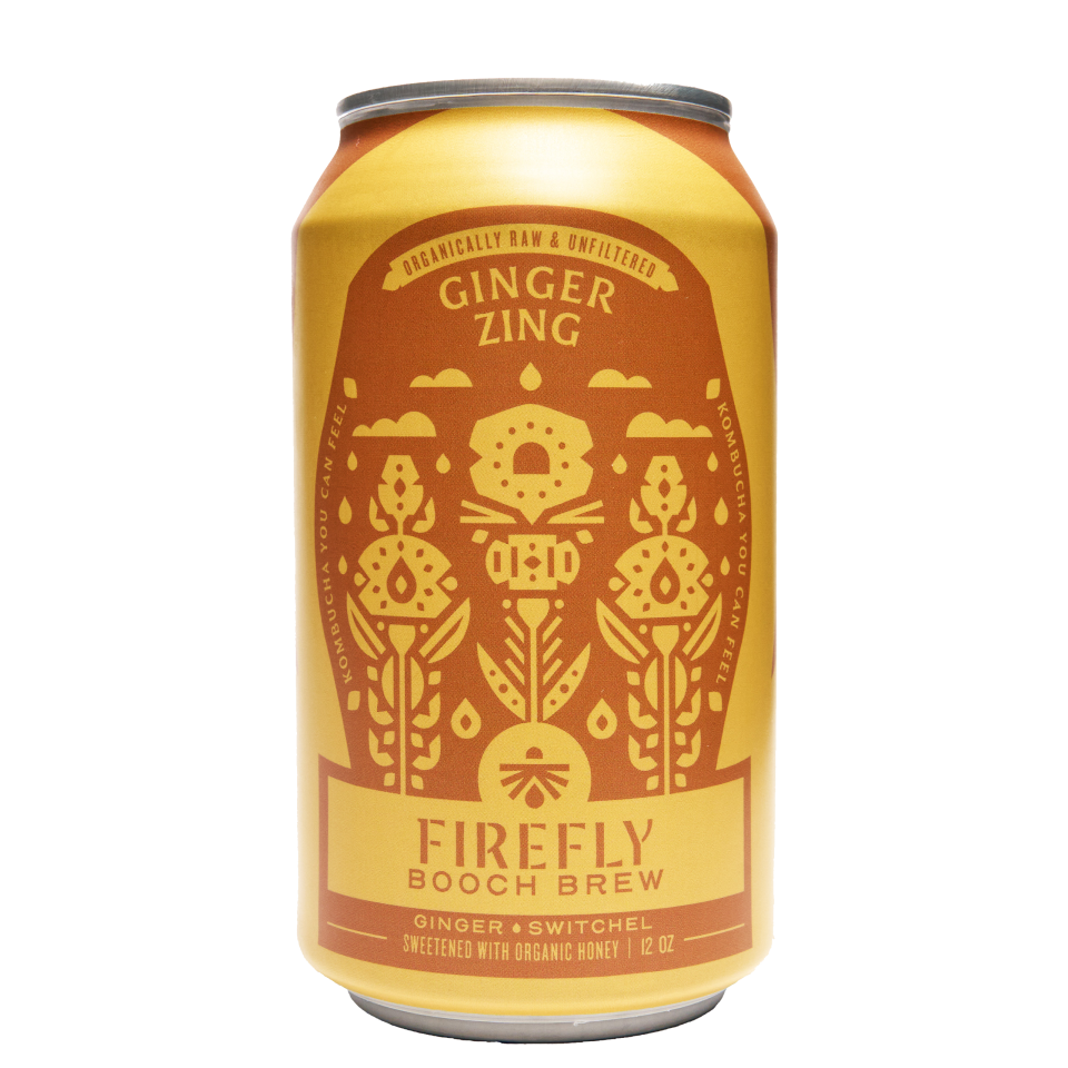 Firefly Brew Ginger Zing kombucha can in vibrant yellow and orange design.