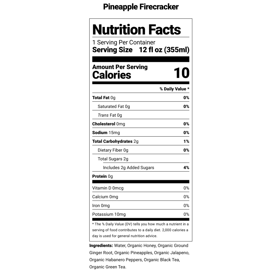 Nutrition facts label for Pineapple Firecracker kombucha by Firefly Brew