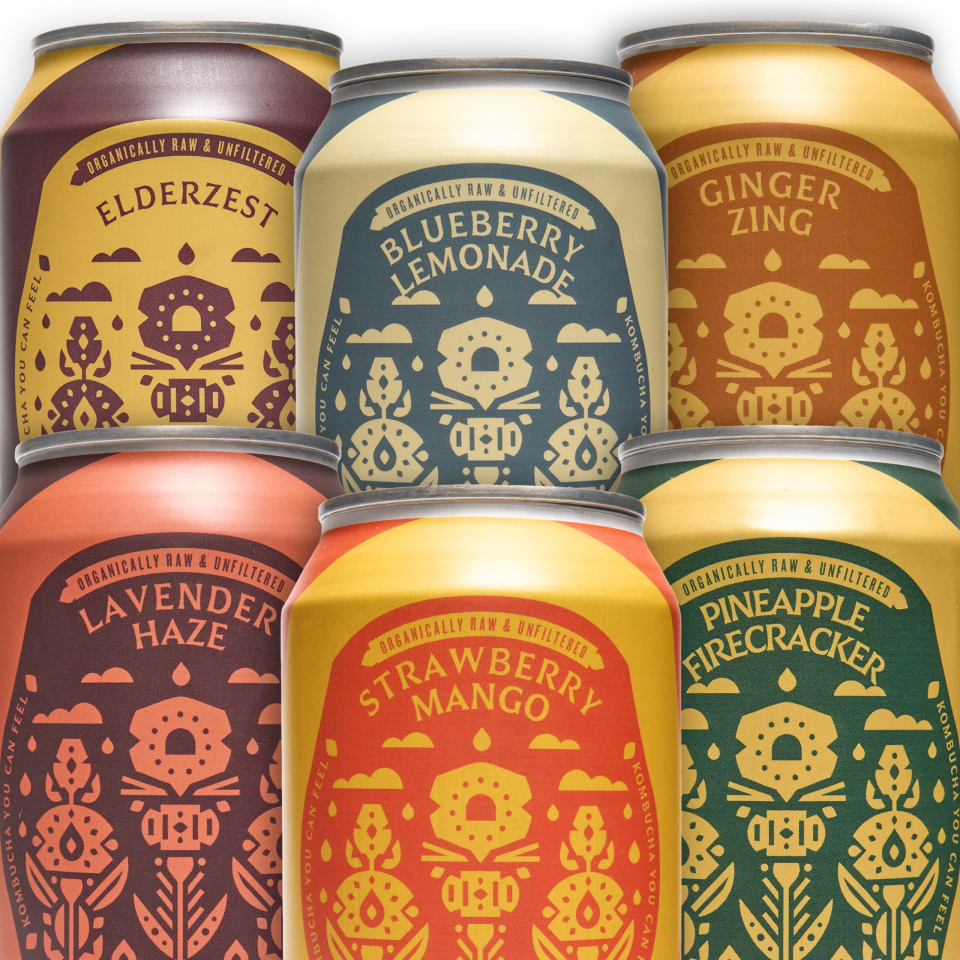 Six colorful cans of Firefly Brew's kombucha flavors in a stacked display.