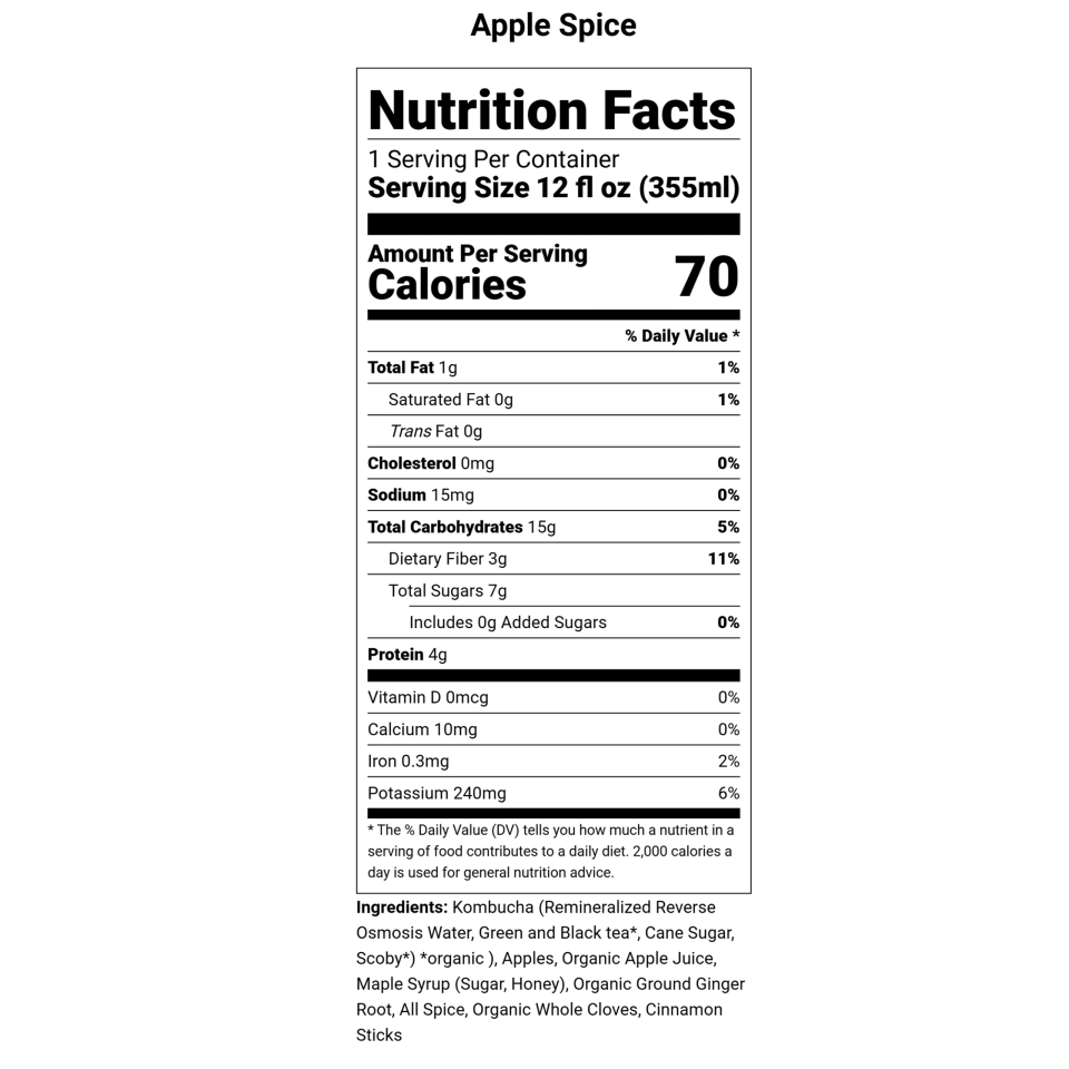 Nutrition label for Firefly Brew's Apple Spice kombucha flavor