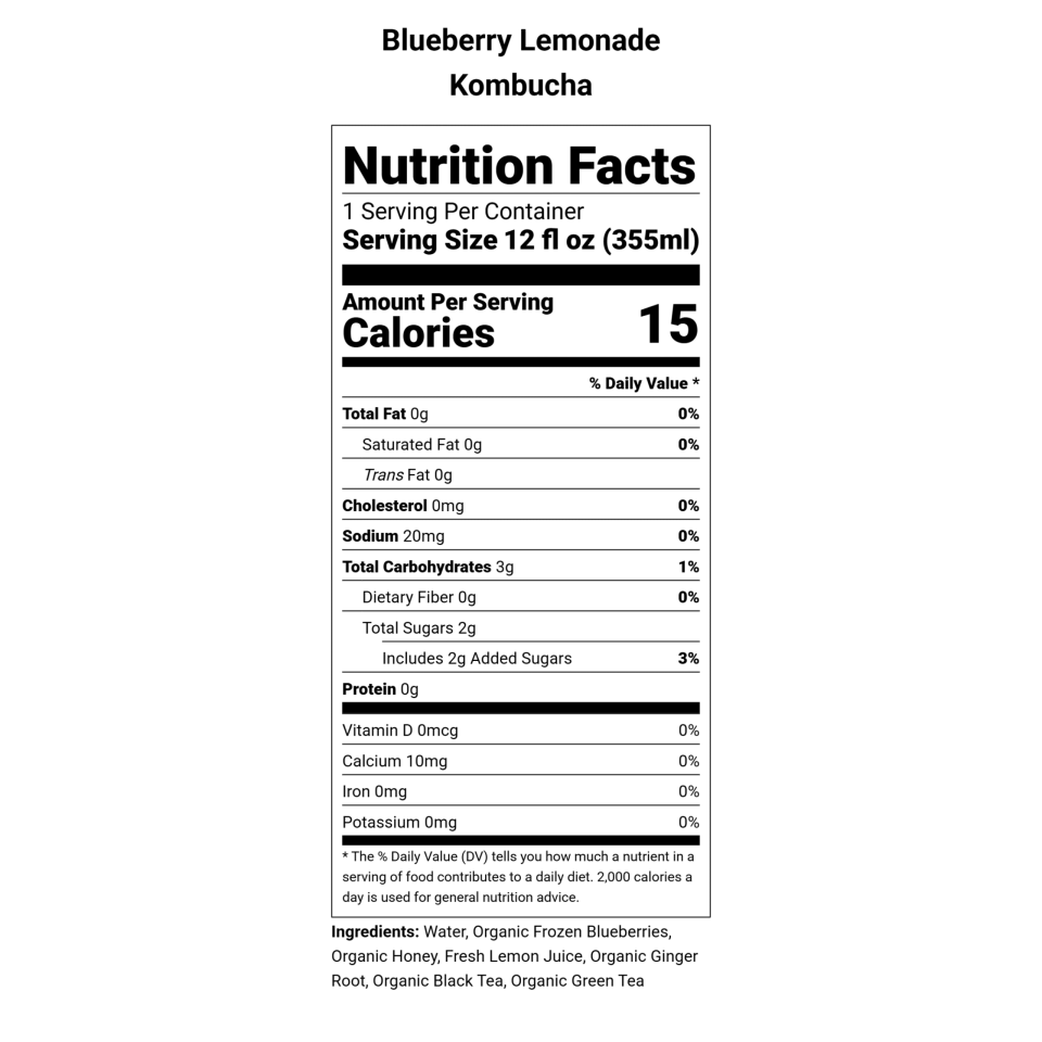 Nutrition facts for Blueberry Lemonade Kombucha from Firefly Brew