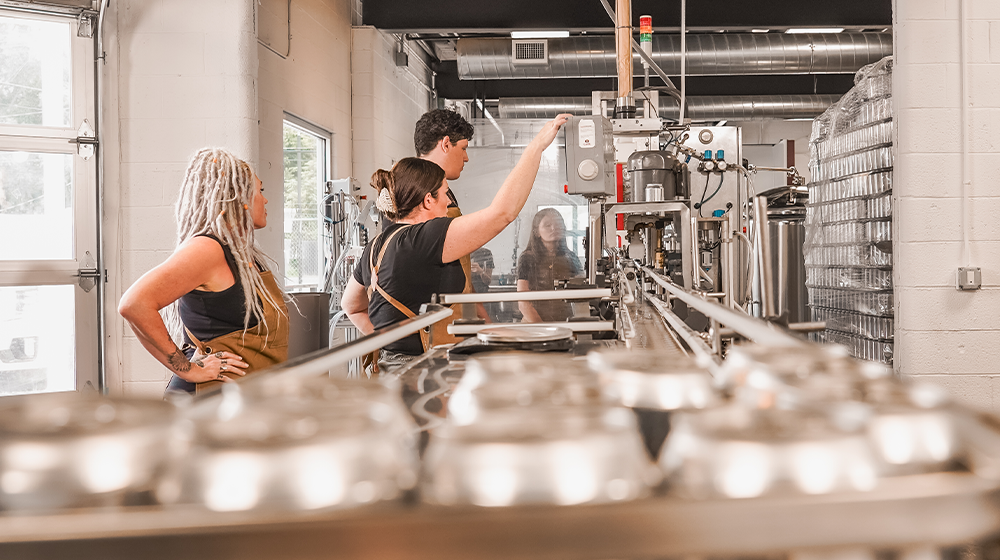 Firefly Brew team operating the kombucha canning line inside the brewery, managing stainless steel equipment and quality control in the production facility.