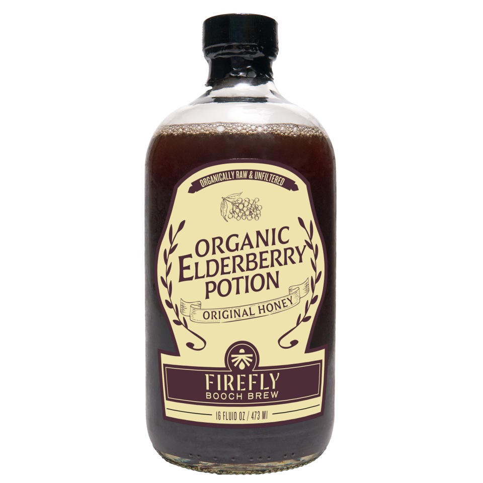 Bottle of Firefly Brew Organic Elderberry Potion with honey flavor