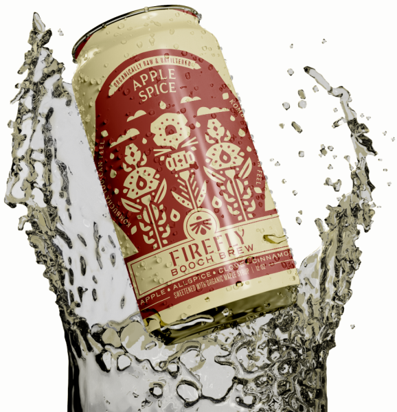 Firefly Brew Apple Spice Kombucha can splashing into liquid, showcasing craft kombucha branding with apple, clove, and cinnamon flavors.