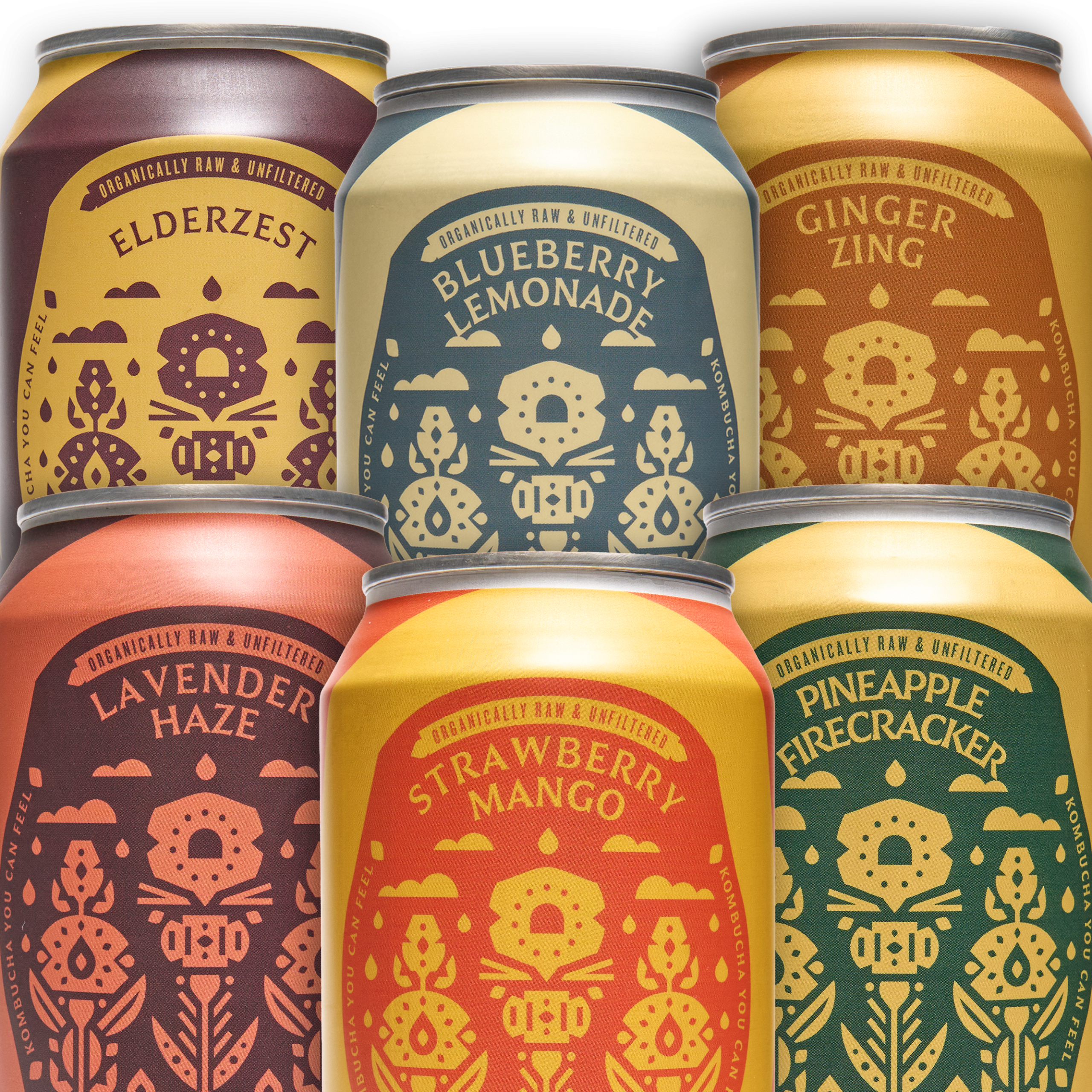 Six colorful cans of Firefly Brew's kombucha flavors in a stacked display.