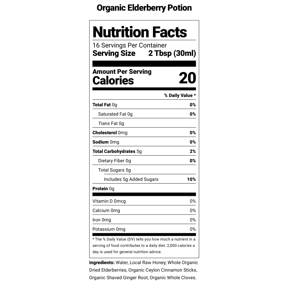 Nutritional facts label for Firefly Brew's Organic Elderberry Potion