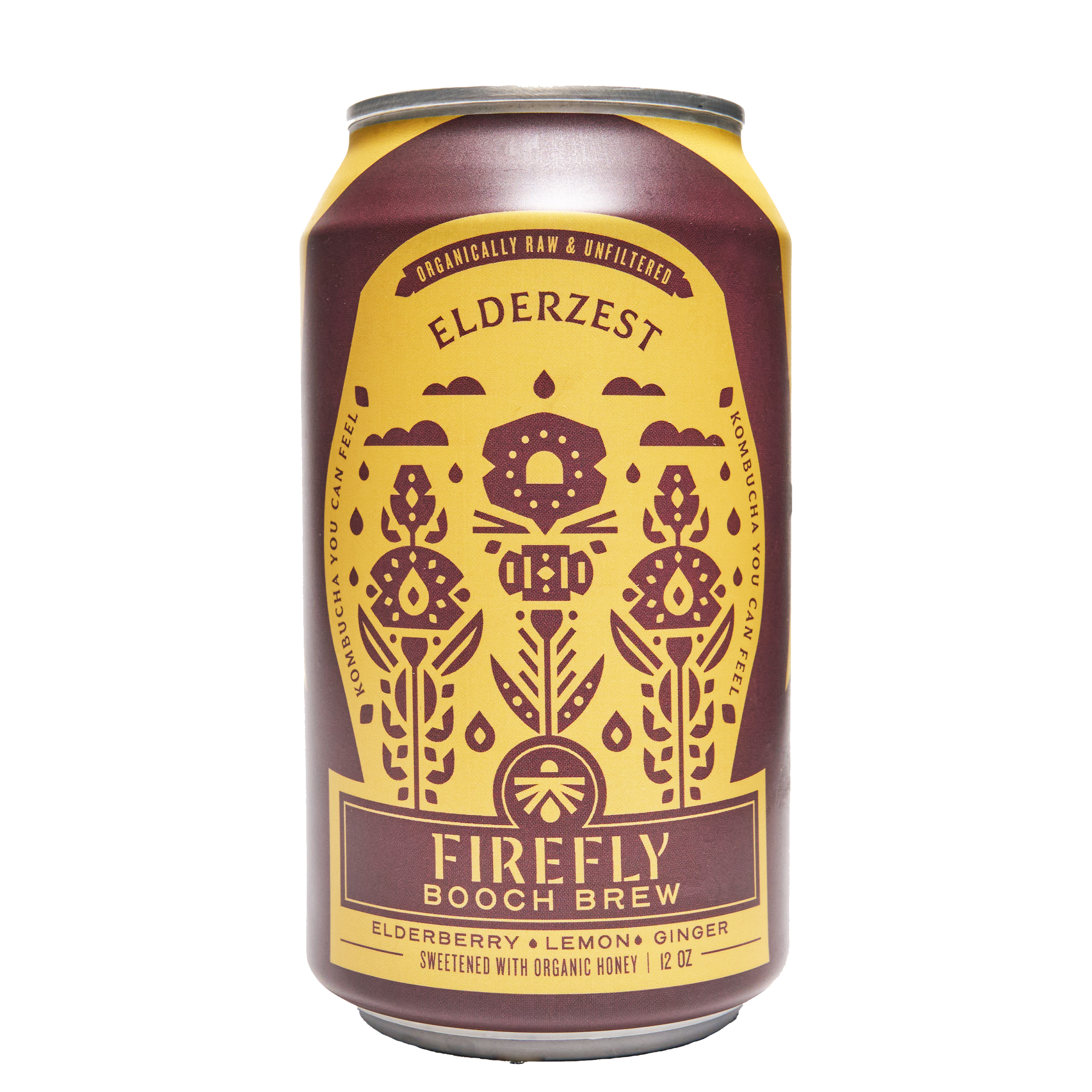 Firefly Brew Elderzest kombucha can featuring elderberry, lemon, and ginger.