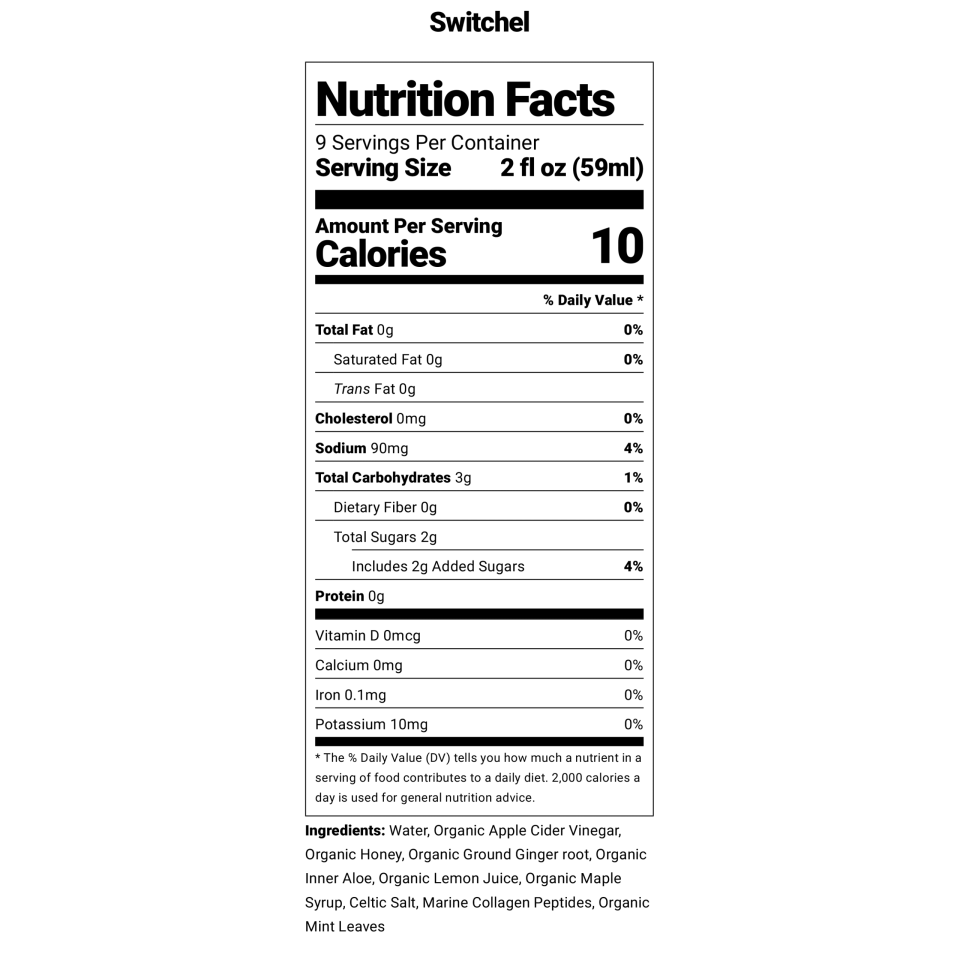 Nutritional facts label for Switchel drink