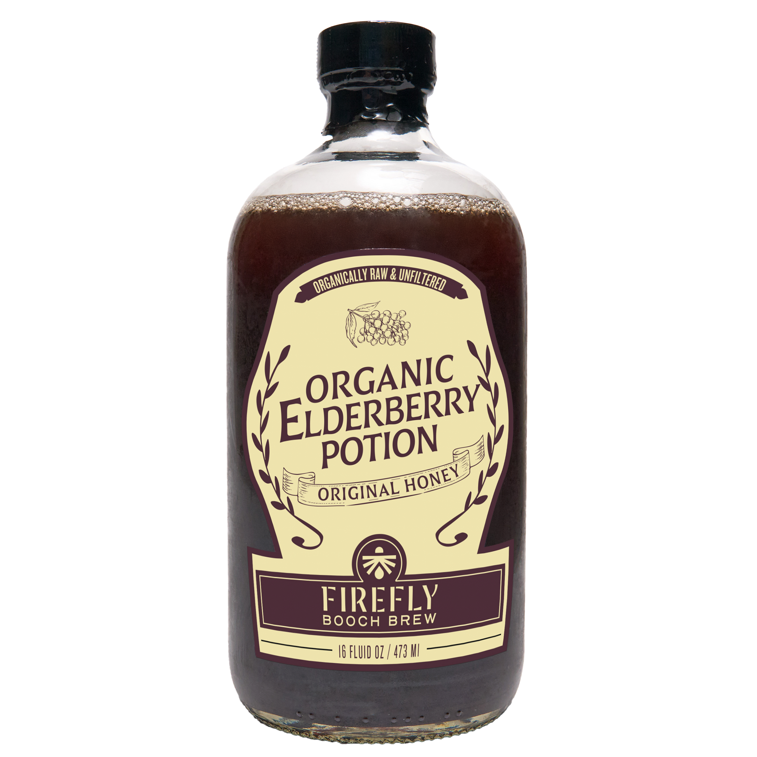 Bottle of Firefly Brew Organic Elderberry Potion with honey flavor