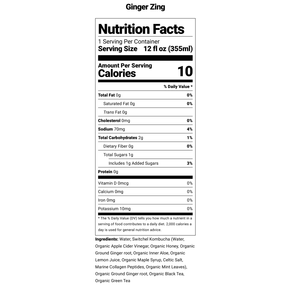 Nutrition facts for Firefly Brew Ginger Zing kombucha