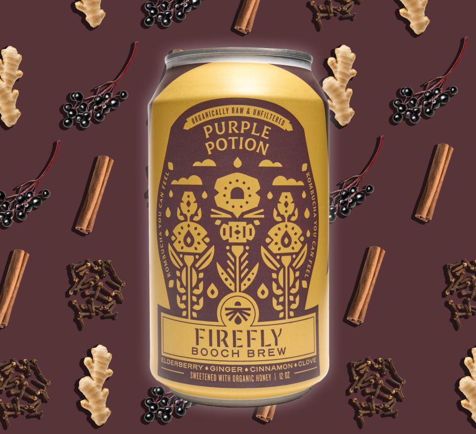 Firefly Brew Purple Potion kombucha can with elderberry and herb ingredients