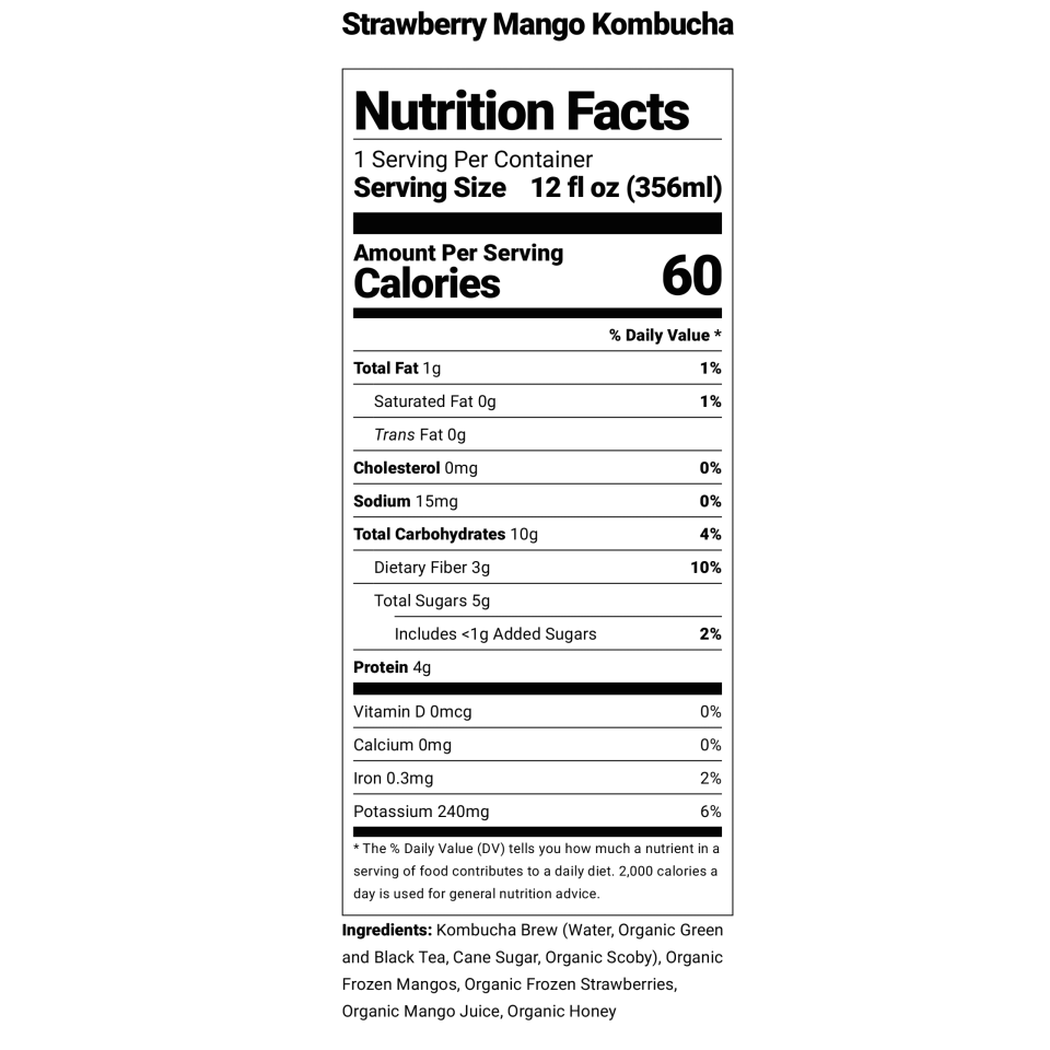 Nutrition facts for Firefly Brew Strawberry Mango Kombucha
