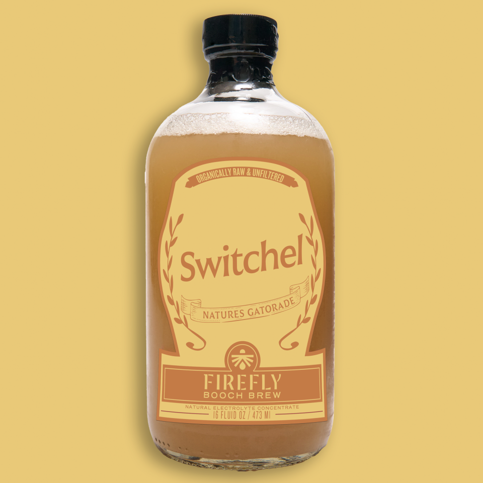 Bottle of Switchel from Firefly Brew with a yellow background.