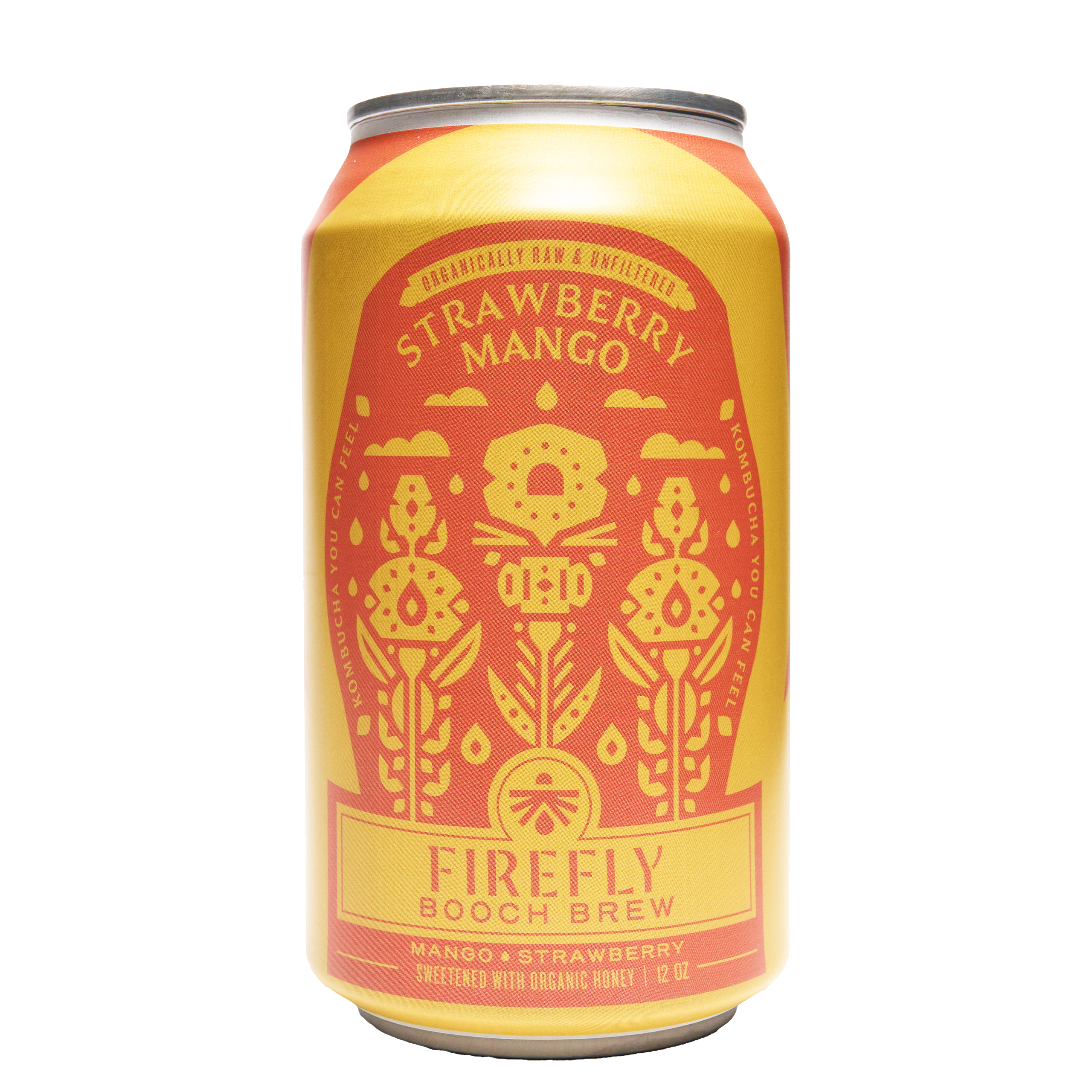 Can of Firefly Brew Strawberry Mango Kombucha with vibrant design