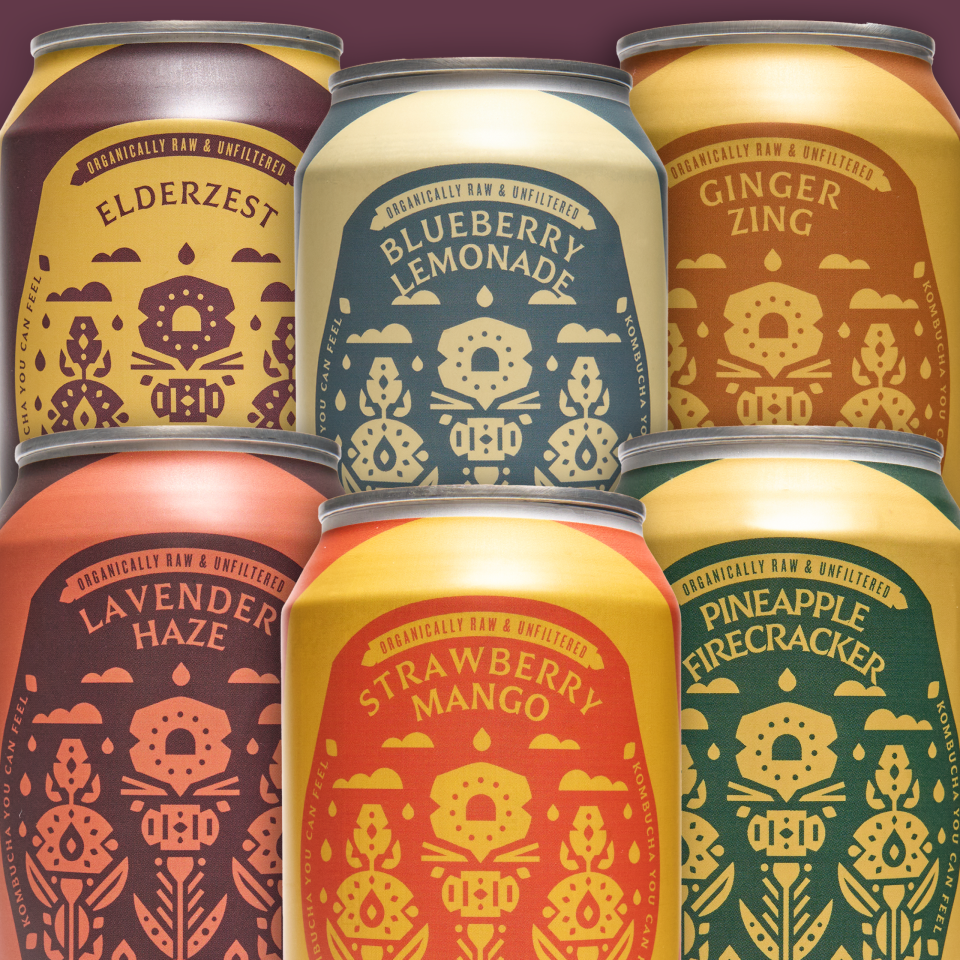 Variety of Firefly Brew kombucha cans including Elderzest and Blueberry Lemonade.