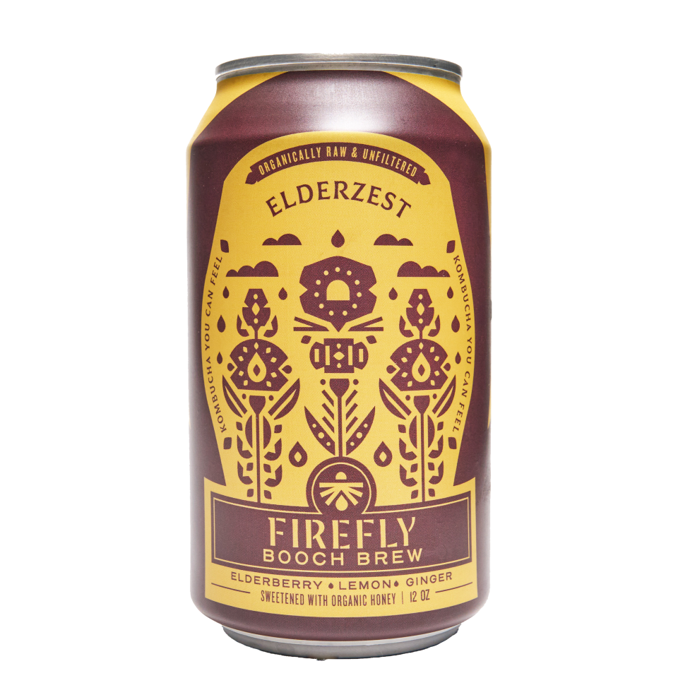 Firefly Brew Elderzest kombucha can featuring elderberry, lemon, and ginger.