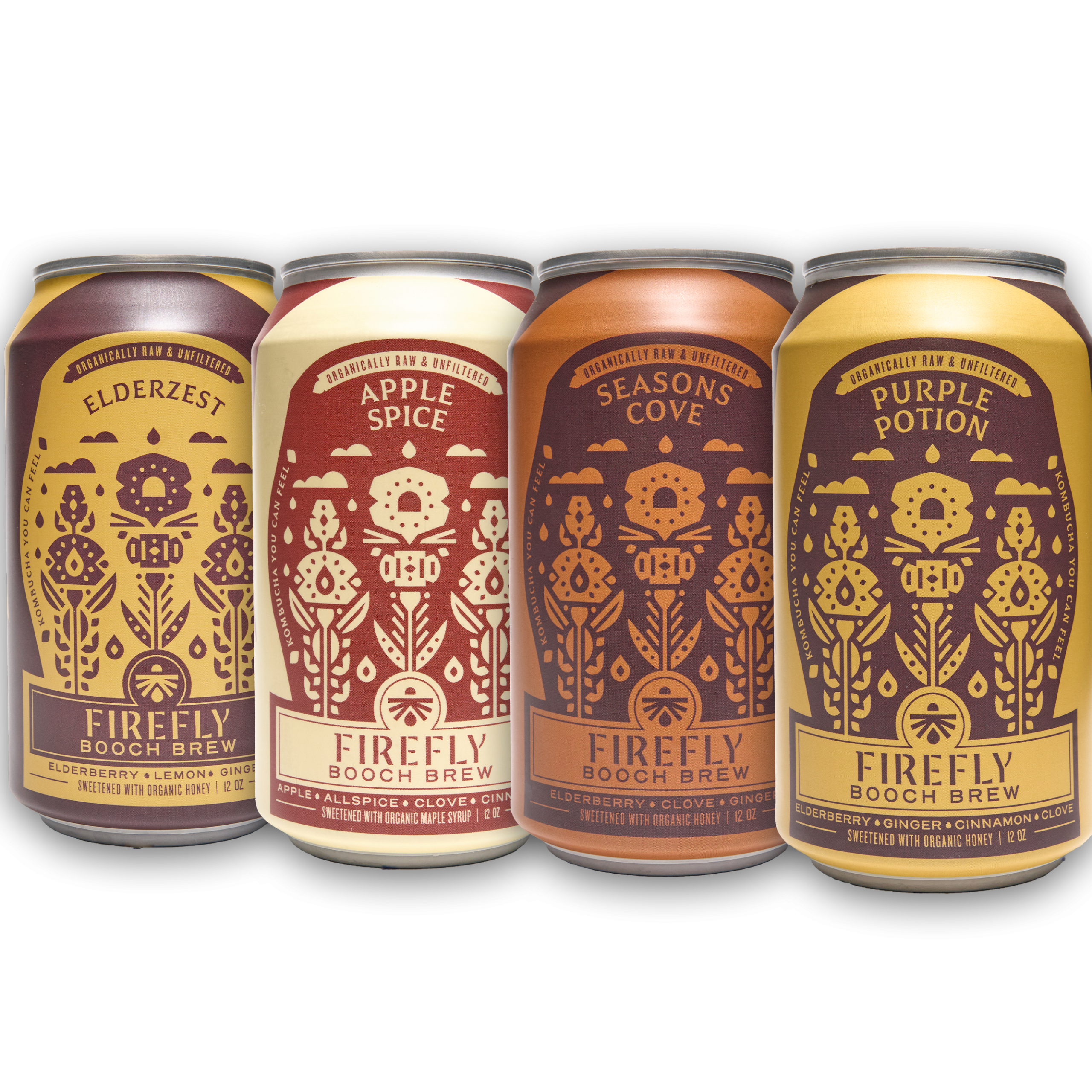 Collection of four Firefly Brew kombucha cans featuring various flavors