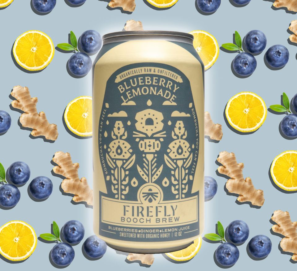 Firefly Brew Blueberry Lemonade kombucha can with fruits and ginger