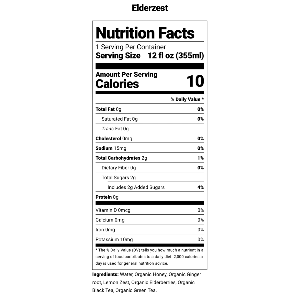 Nutritional information label for Firefly Brew Elderzest Kombucha