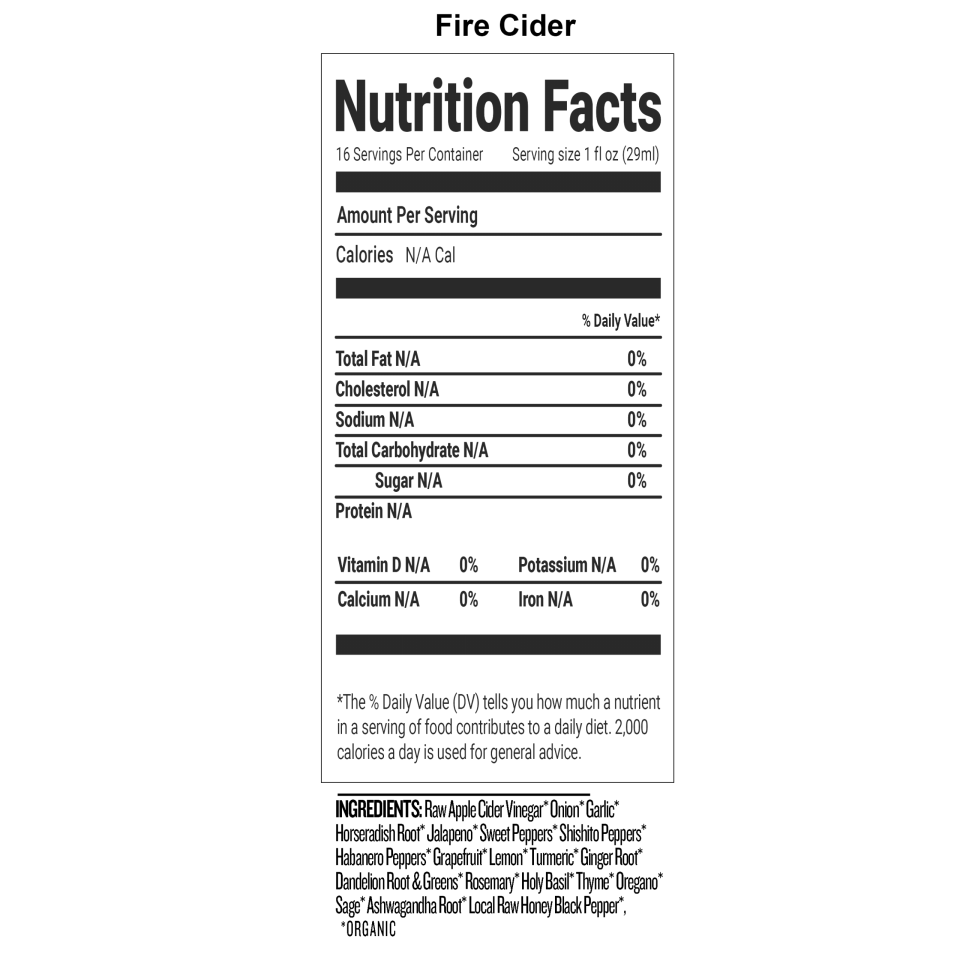 Nutrition facts of Fire Cider with ingredient list and serving details.