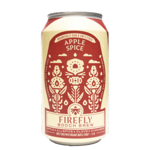Firefly Brew Apple Spice kombucha can featuring floral designs.