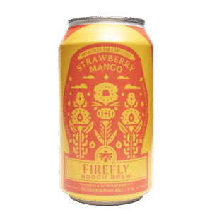 Can of Firefly Brew Strawberry Mango Kombucha with vibrant design