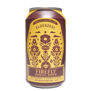 Firefly Brew Elderzest kombucha can featuring elderberry, lemon, and ginger.