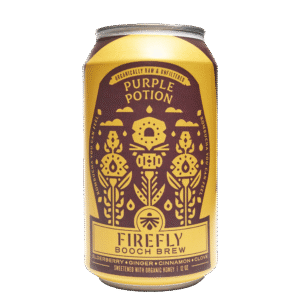 Purple Potion kombucha can from Firefly Brew with decorative design.