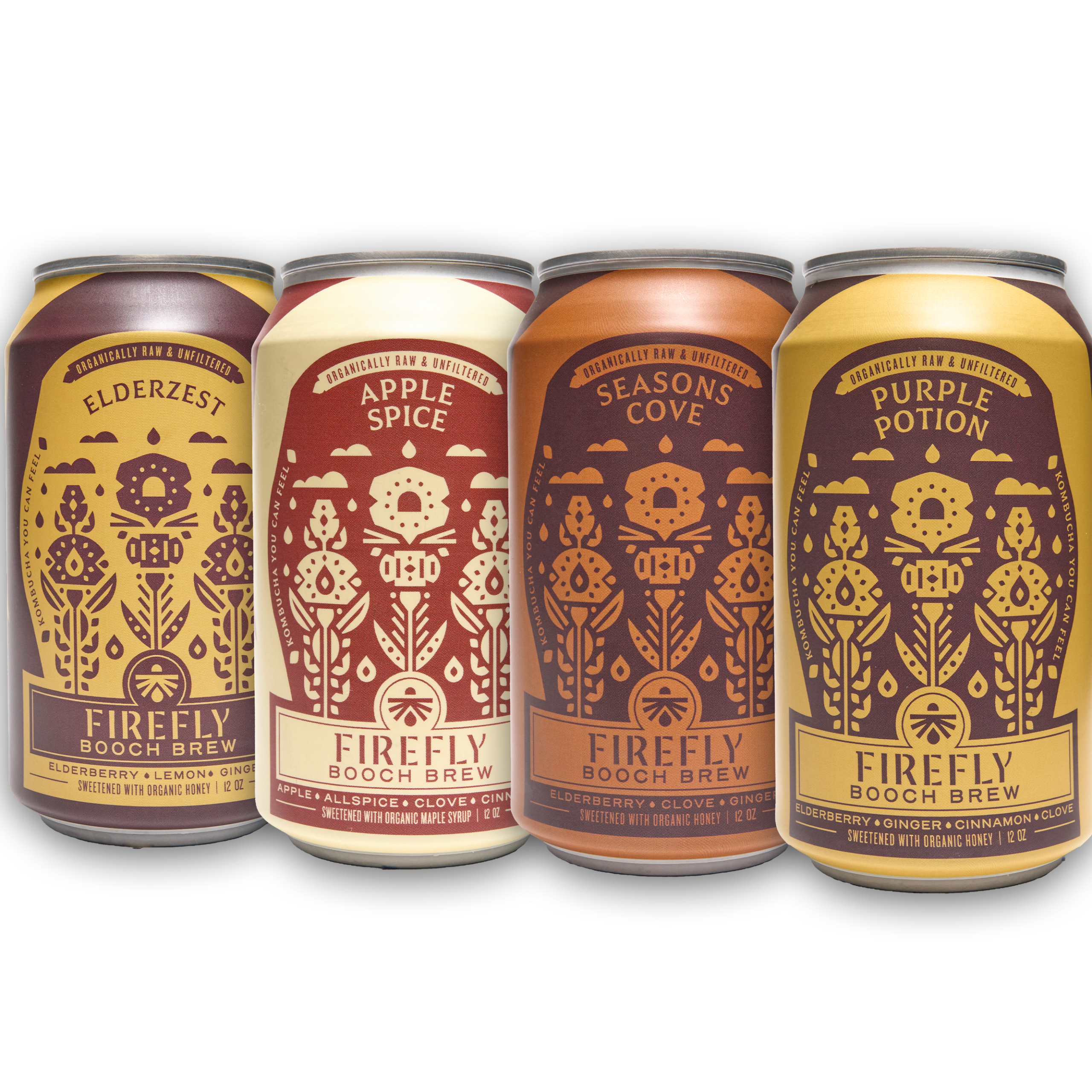 Collection of four Firefly Brew kombucha cans featuring various flavors