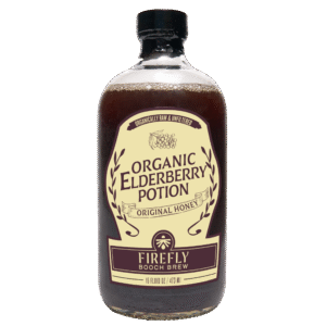 Bottle of Firefly Brew Organic Elderberry Potion with honey flavor
