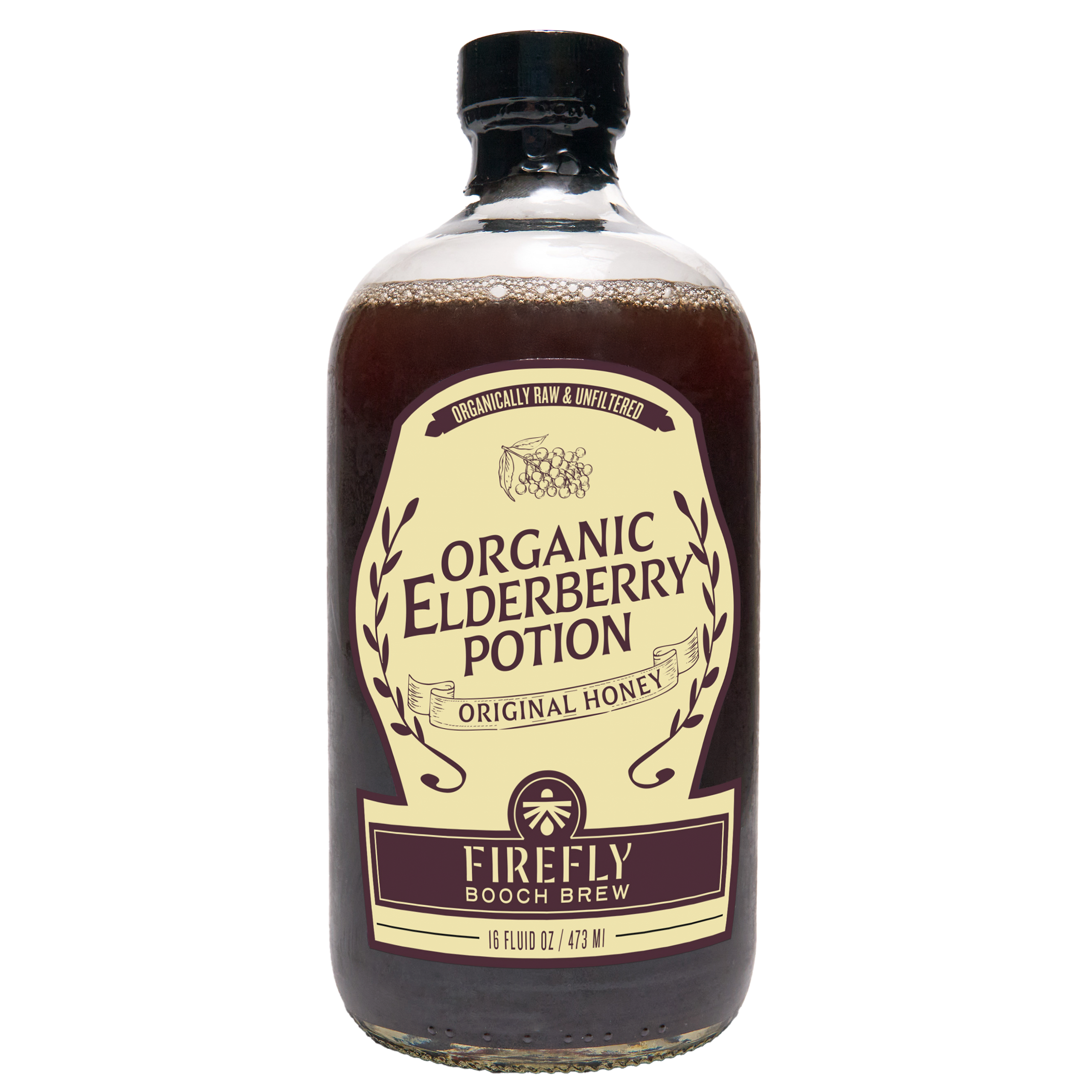 Bottle of Firefly Brew Organic Elderberry Potion with honey flavor