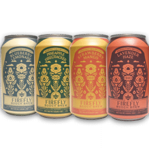 Four cans of Firefly Brew kombucha featuring different flavors.