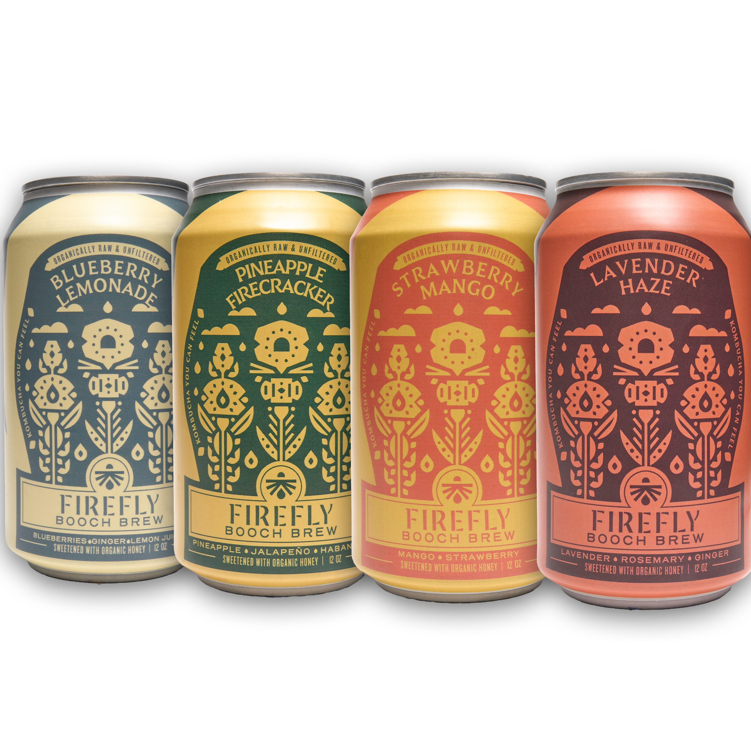 Four cans of Firefly Brew kombucha featuring different flavors.