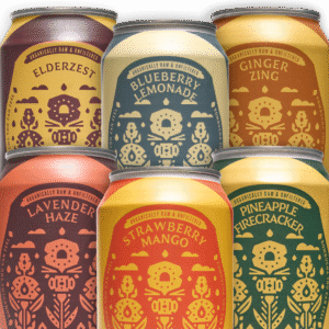 Six colorful cans of Firefly Brew's kombucha flavors in a stacked display.