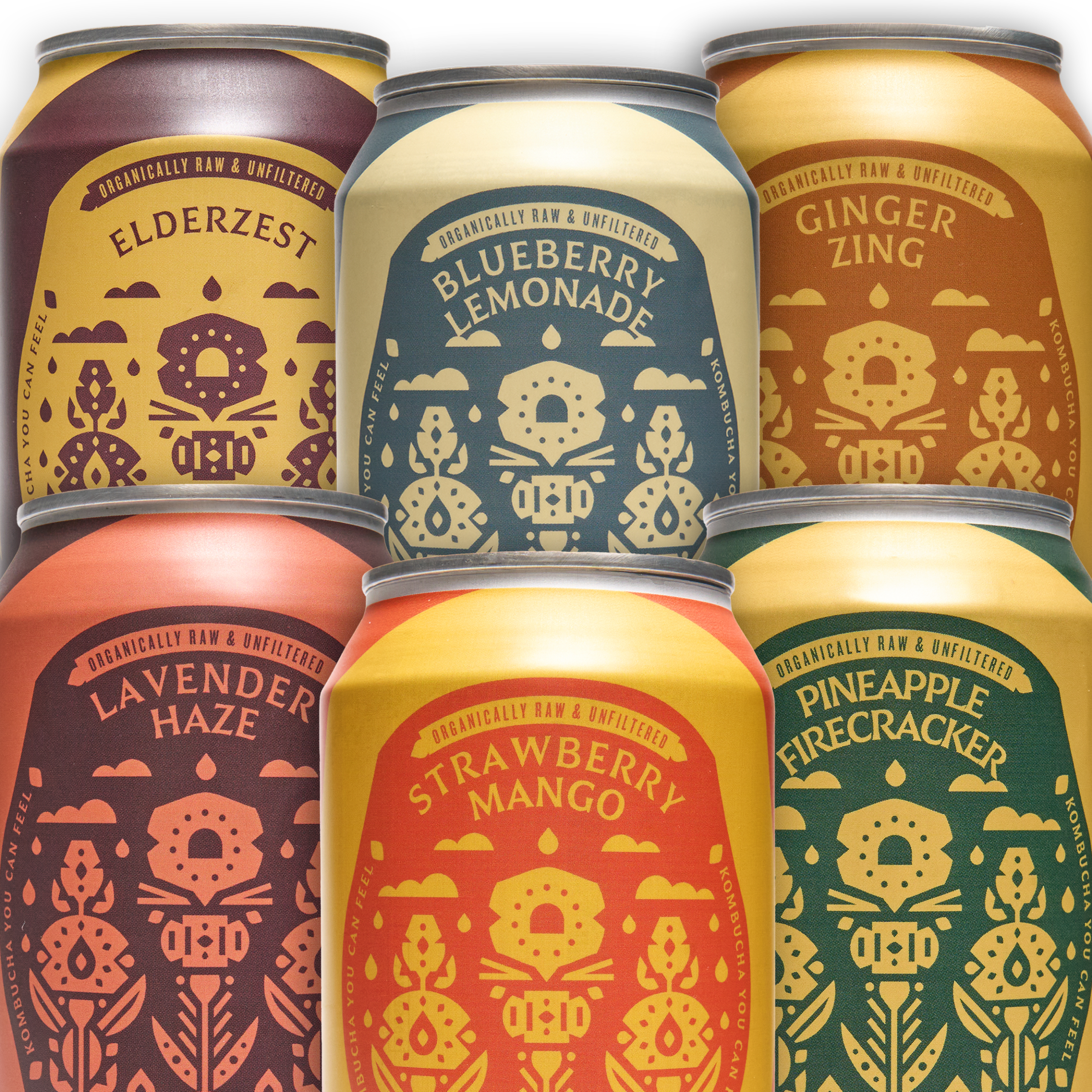 Six colorful cans of Firefly Brew's kombucha flavors in a stacked display.