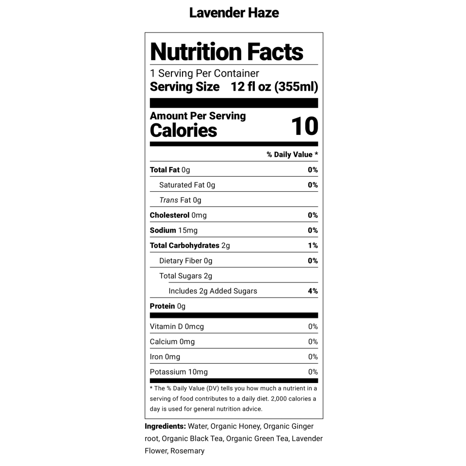 Nutrition facts label for Lavender Haze kombucha by Firefly Brew.