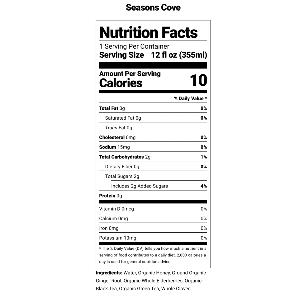 Nutrition facts for Seasons Cove kombucha beverage from Firefly Brew