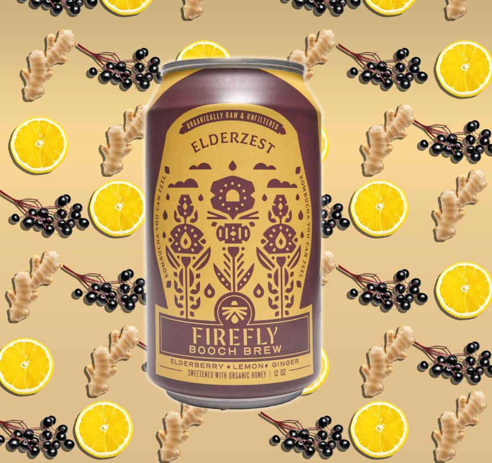 Firefly Brew Elderzest kombucha can with ginger, lemon, and elderberry